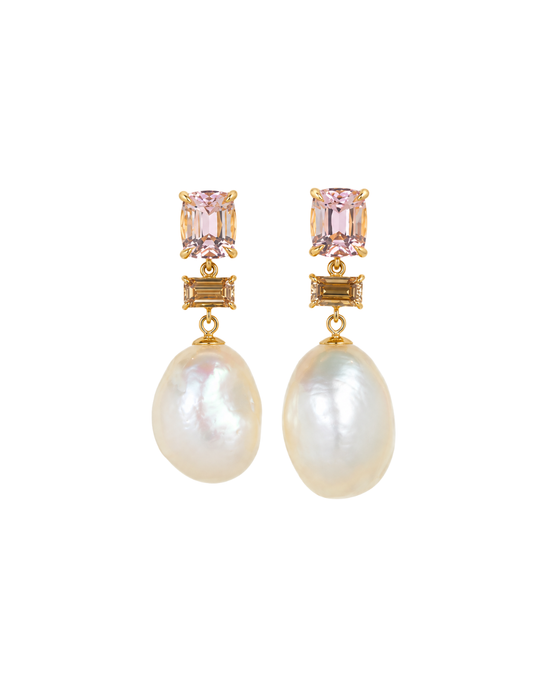 Keshi Pearl and Cognac Diamond Trio Drop Earrings