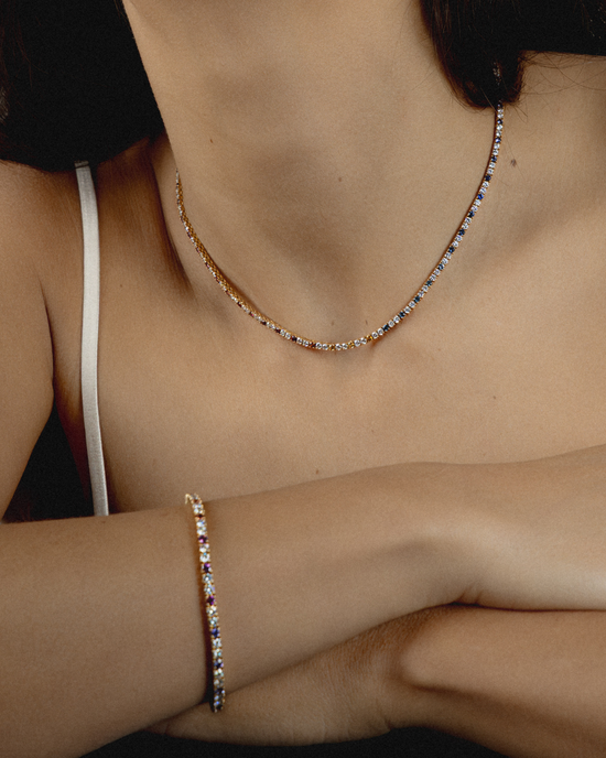 Rainbow Sapphire & Diamond Tennis Necklace in 18ct Gold