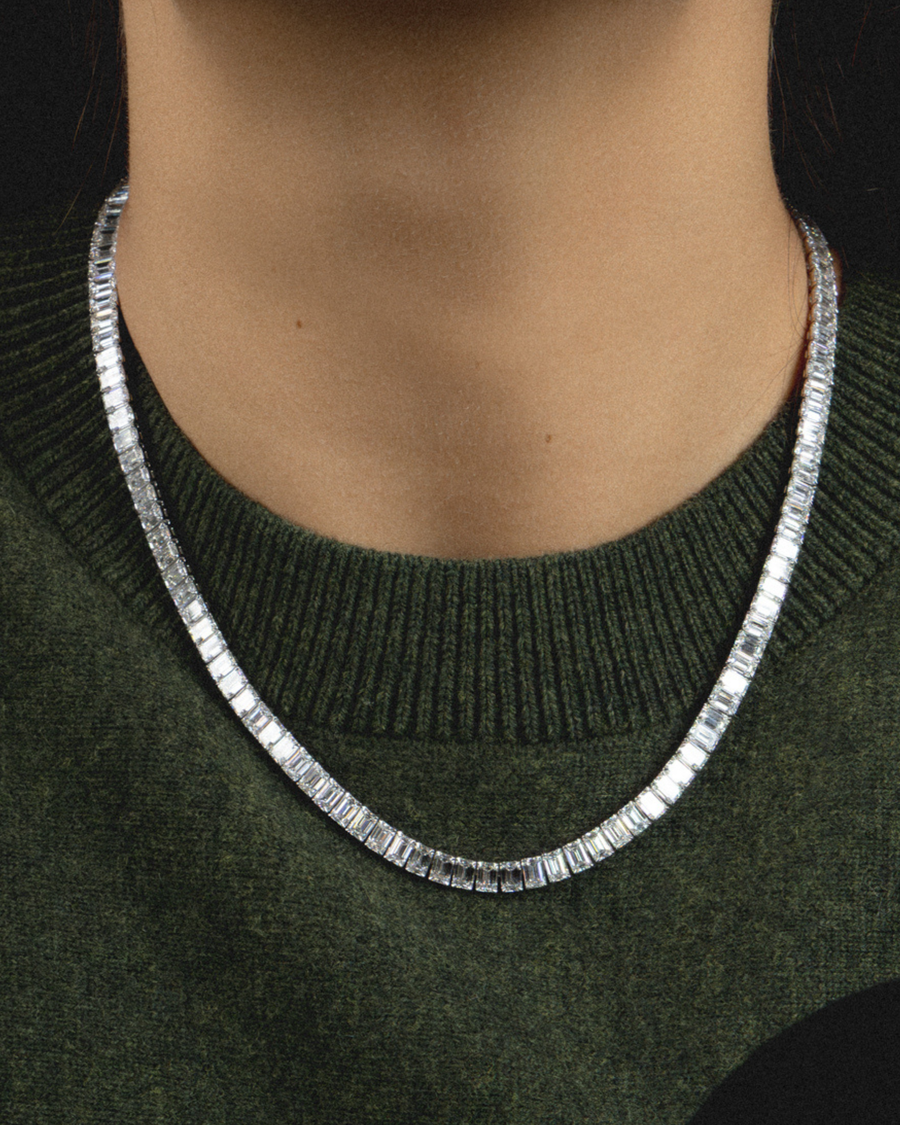Emerald Cut Diamond Tennis Necklace in 18ct White Gold