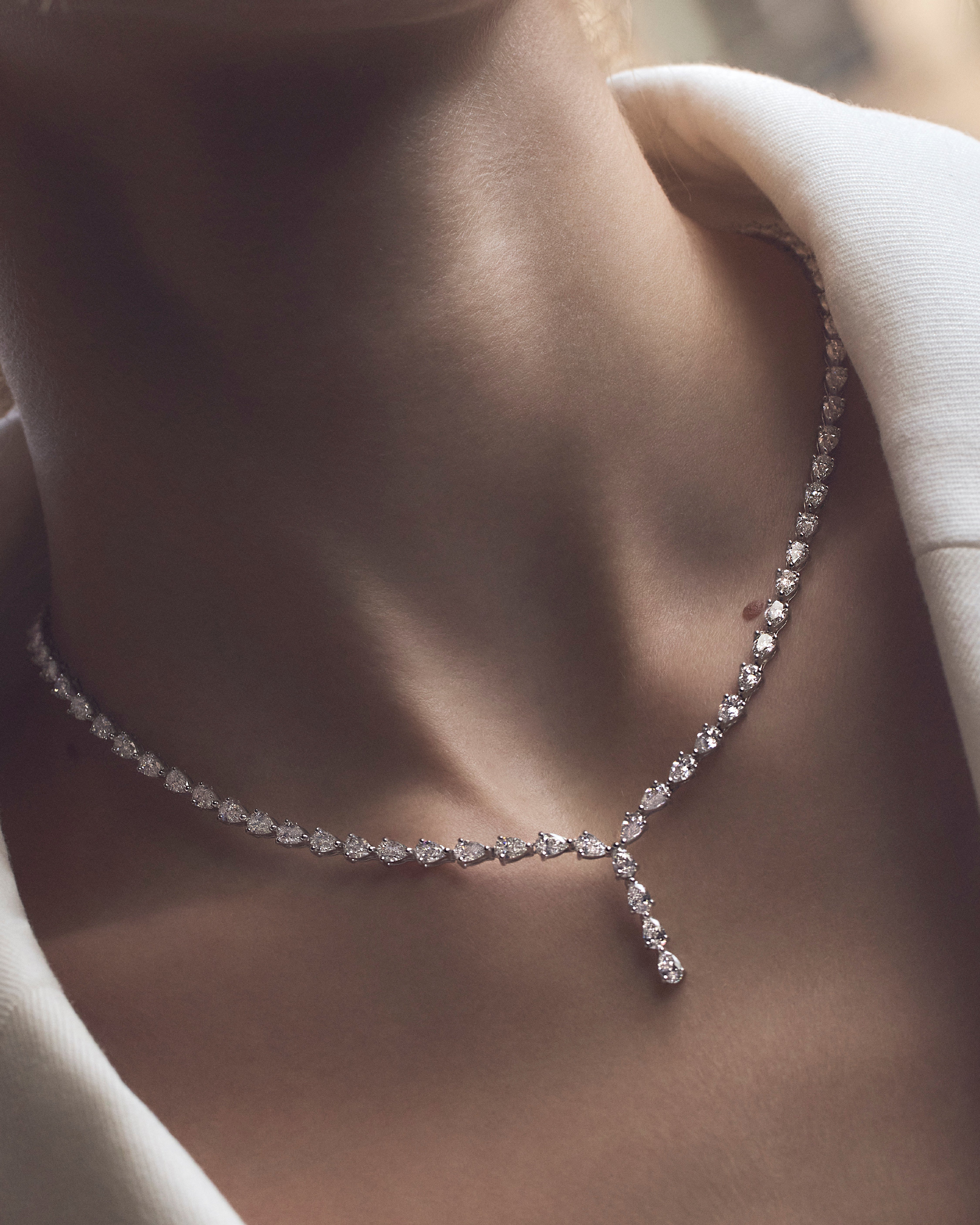 15.27ct Pear Cut Diamond Drop Tennis Necklace in 18ct Gold