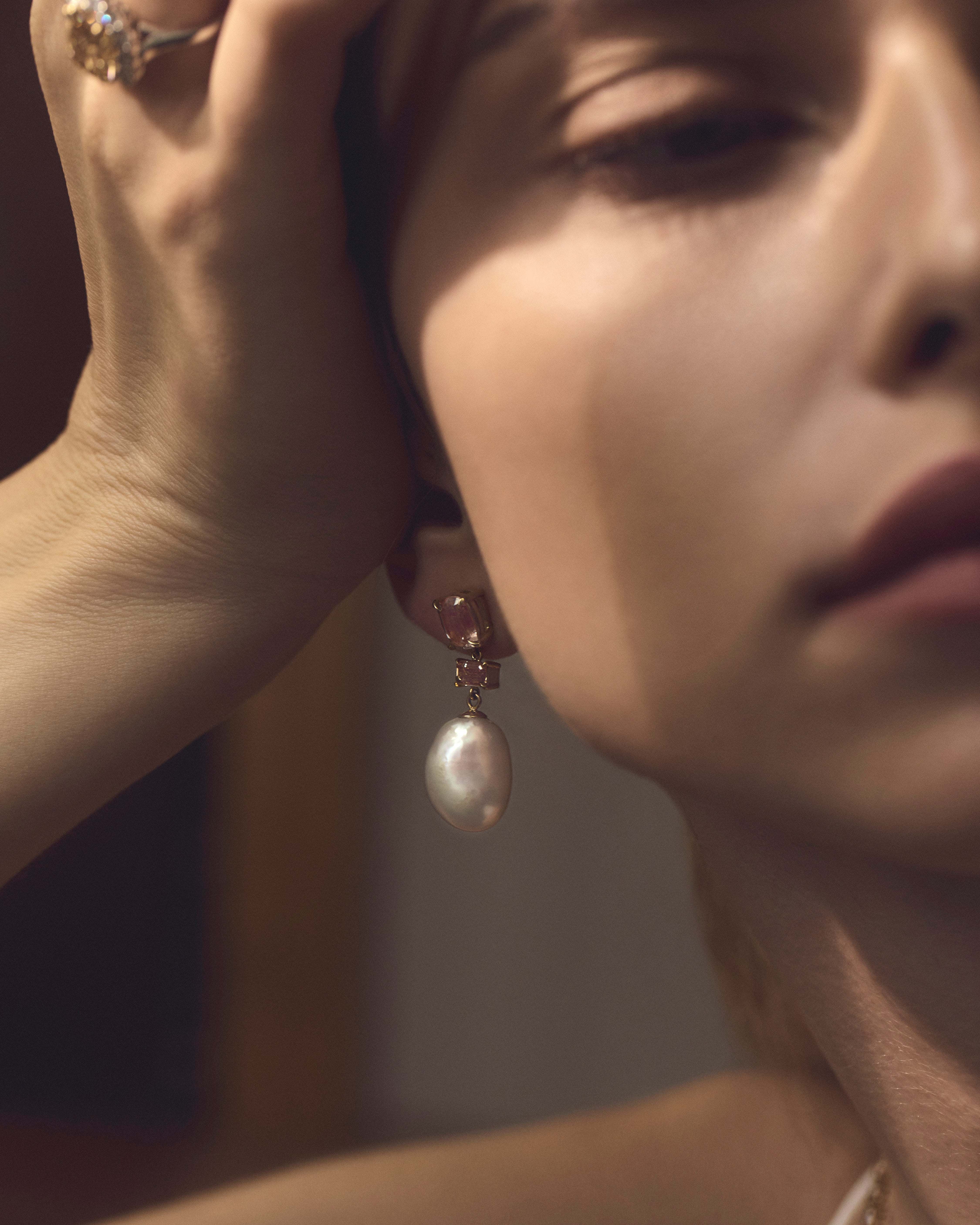 Keshi Pearl and Cognac Diamond Trio Drop Earrings