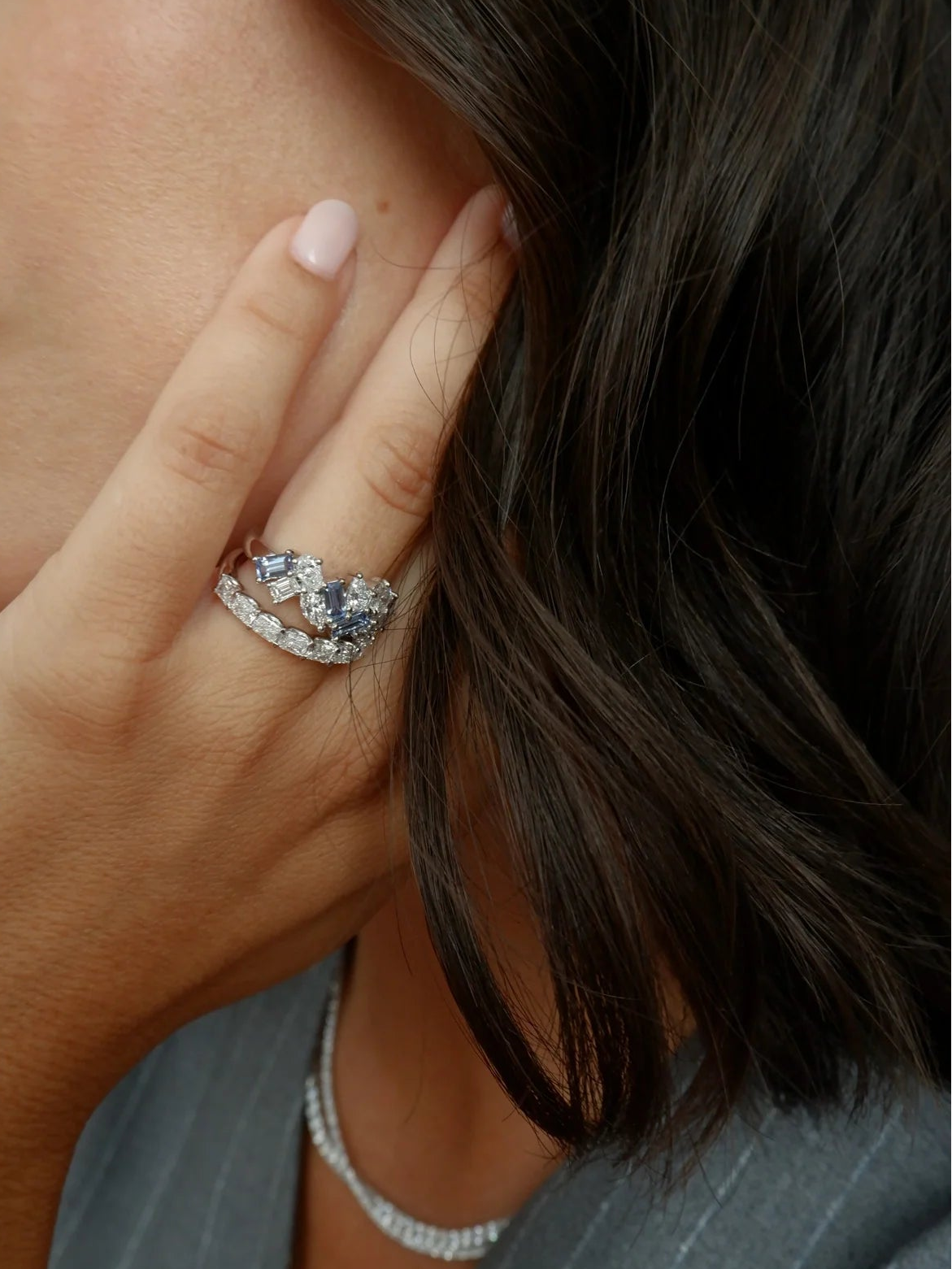Blue Sapphire and Diamond Cluster Band