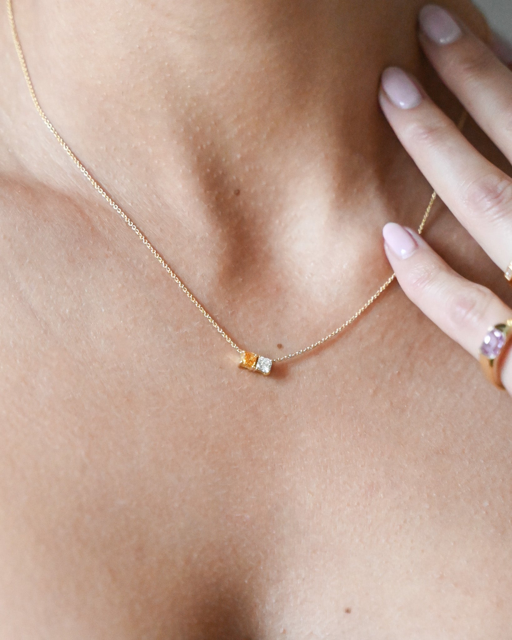 The Duo Necklace | Radiant Cut Diamond & Orange Diamond