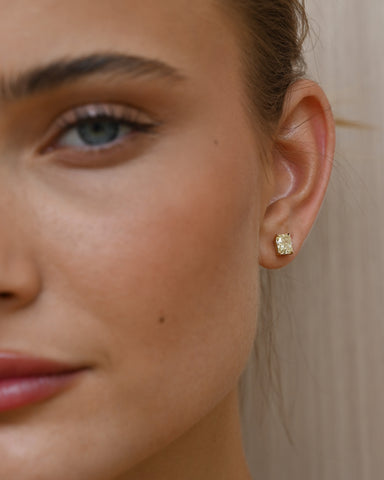 A view of a Radiant Cut Yellow Diamond Stud in an ear