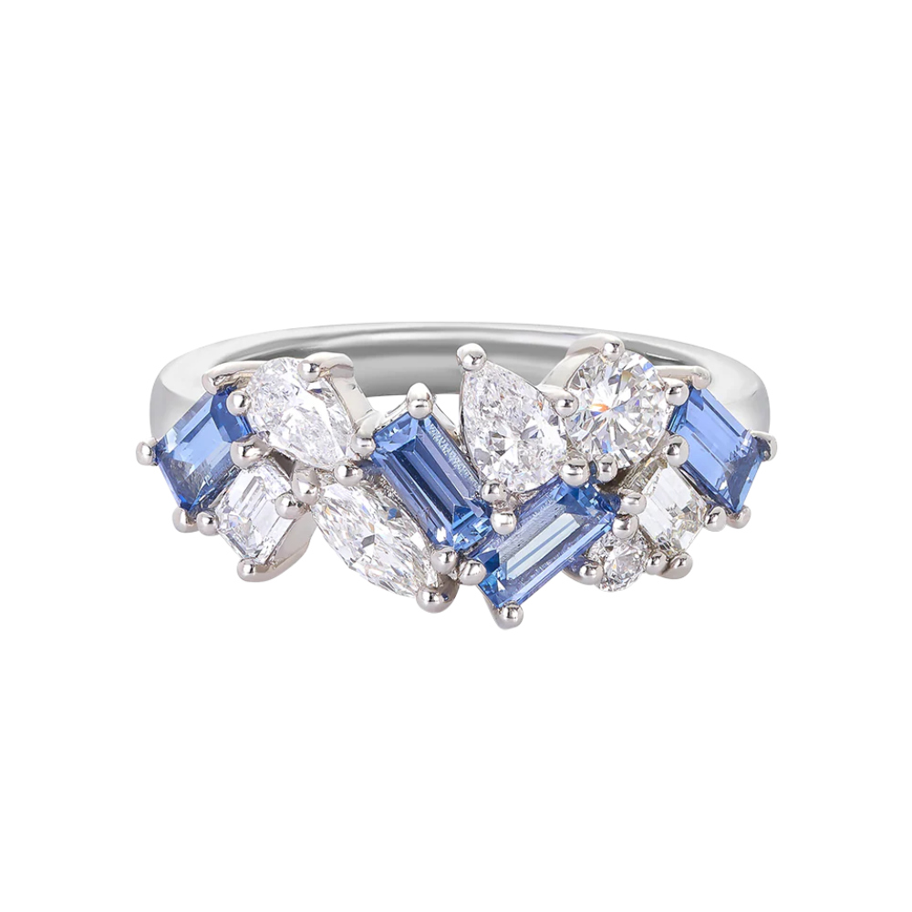 Blue Sapphire and Diamond Cluster Band
