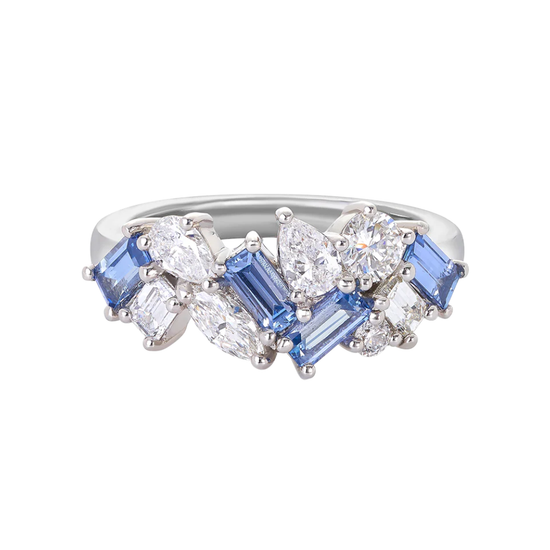 Blue Sapphire and Diamond Cluster Band