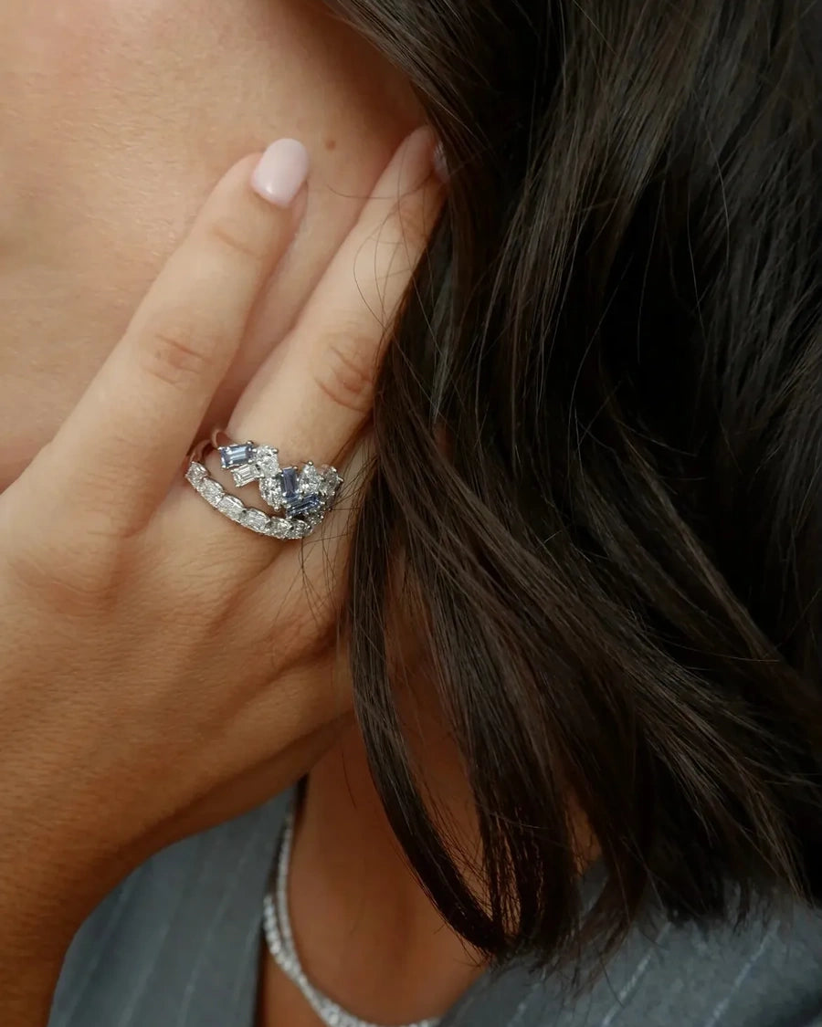 Blue Sapphire and Diamond Cluster Band
