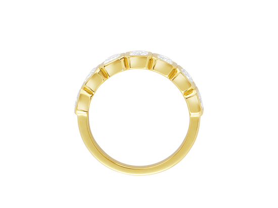A.G Designer Jeweller custom made emerald cut diamond bezel set eternity band in yellow gold. 