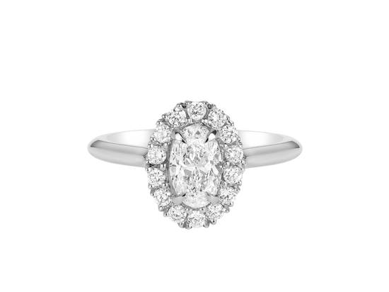 A.G oval cut diamond halo setting with half round band.