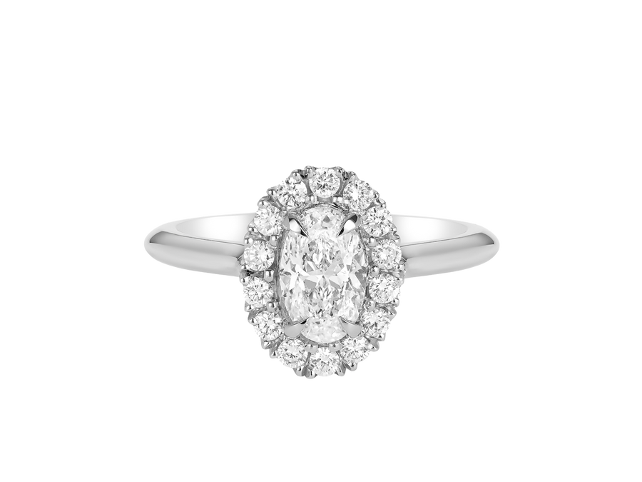 A.G oval cut diamond halo setting with half round band.