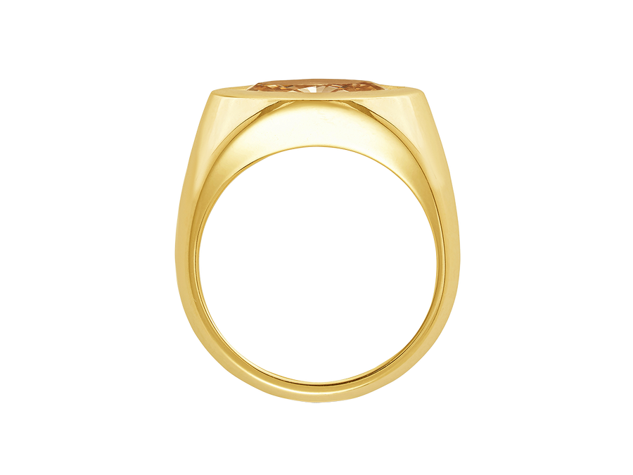 Front view of A.G Designer Jeweller custom designed signet ring featuring a 1.56ct marquise cut champagne diamond in yellow gold. 
