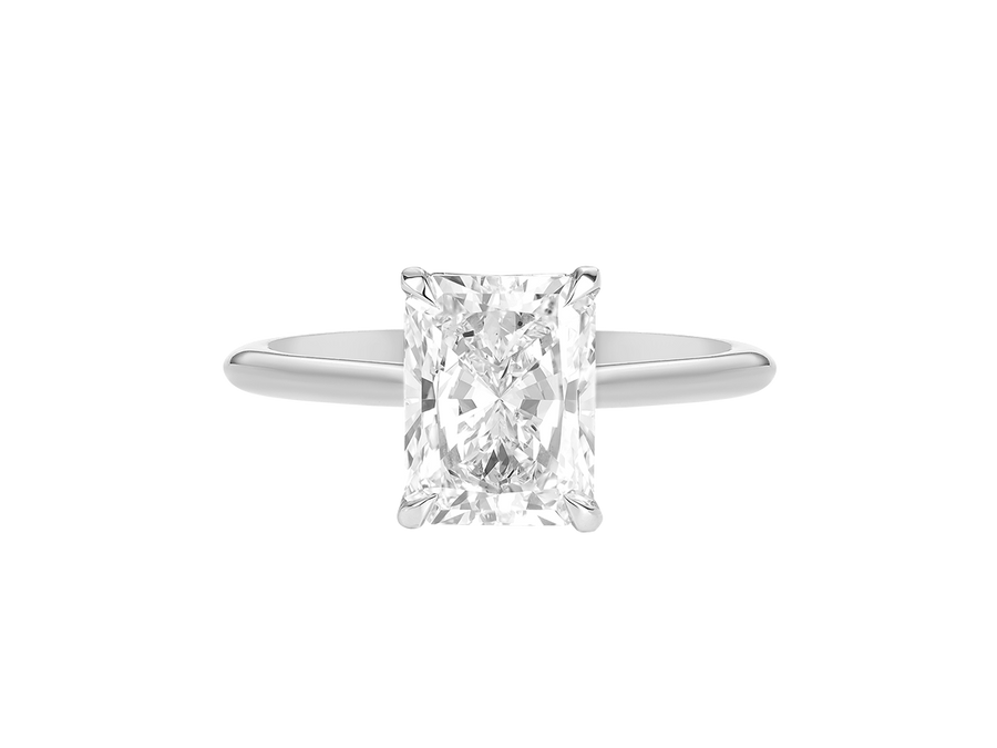 A.G radiant cut diamond solitaire setting with a fine half round band.