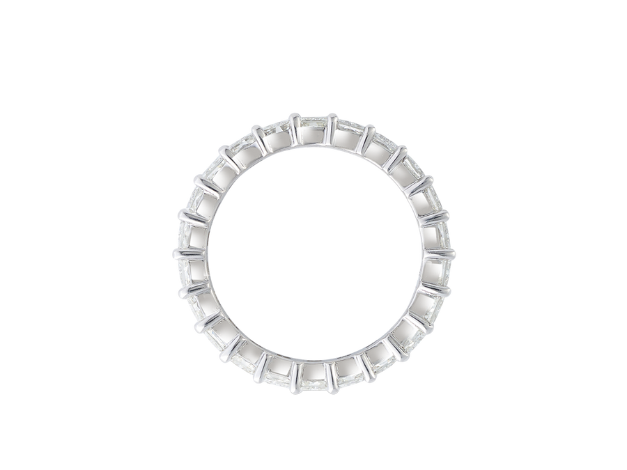 Front view of A.G Designer Jeweller signature share claw style radiant cut diamond eternity band. 