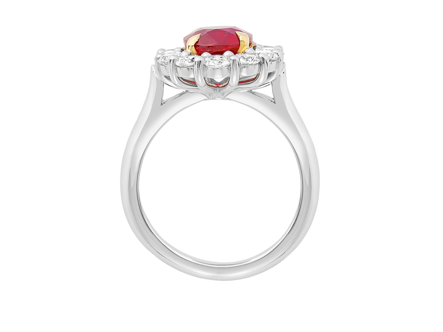 Side view of A.G ruby and diamond cluster ring