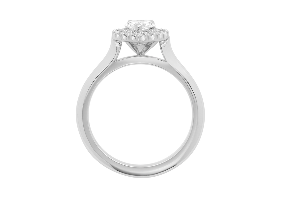 Side view of A.G pear cut diamond halo setting with half round band. 