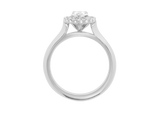 Side view of A.G pear cut diamond halo setting with half round band. 
