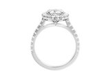 Front view of A.G round brilliant cut diamond halo setting with split bead half diamond band.