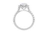 Front view of A.G oval cut diamond halo setting with split bead half diamond band.