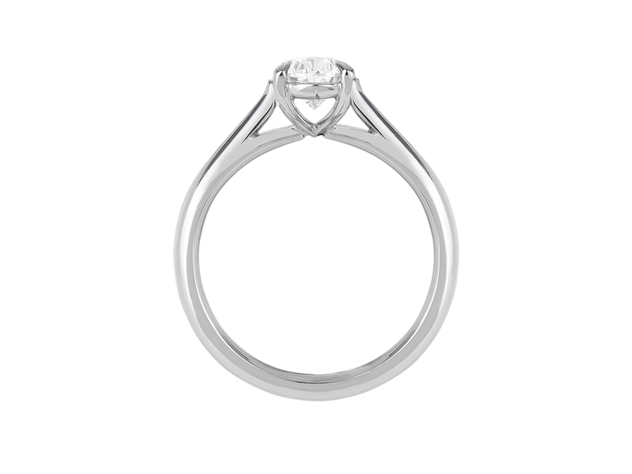 Front view of A.G pear cut diamond solitaire four claw setting with a half round band.