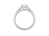 Front view of A.G pear cut diamond solitaire four claw setting with a half round band.