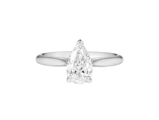 A.G pear cut diamond solitaire four claw setting with a half round band.