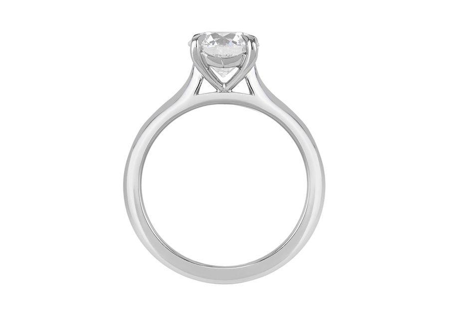 Front view of A.G round brilliant cut diamond four claw setting with a half round band.