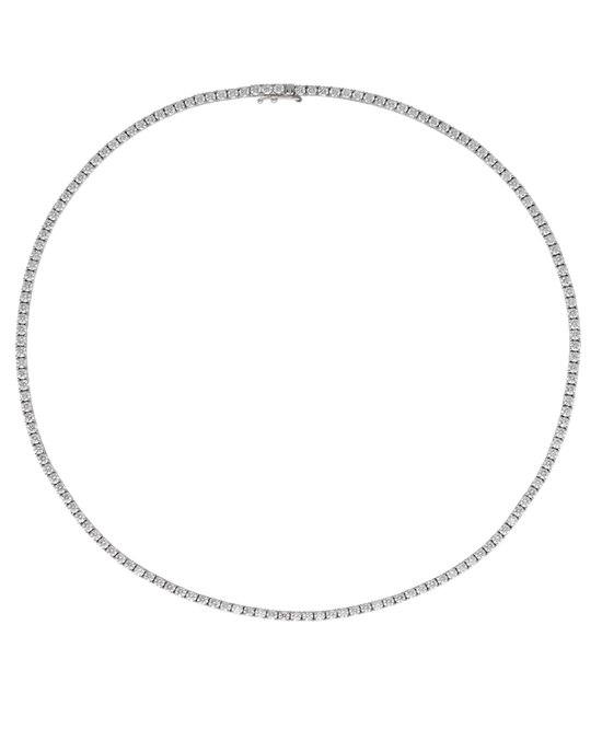 A.G Designer Jeweller classic four claw set diamond tennis necklace with round cut diamonds in white gold.