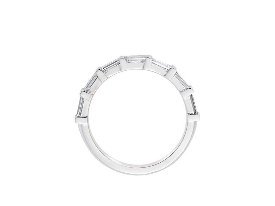 Front view of A.G signature tab claw baguette diamond women's wedding band.