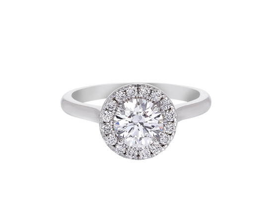 A.G round brilliant cut diamond halo setting with half round band.