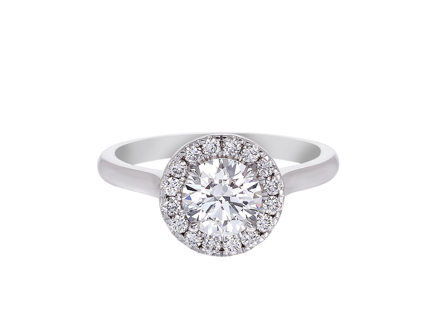 A.G round brilliant cut diamond halo setting with half round band.