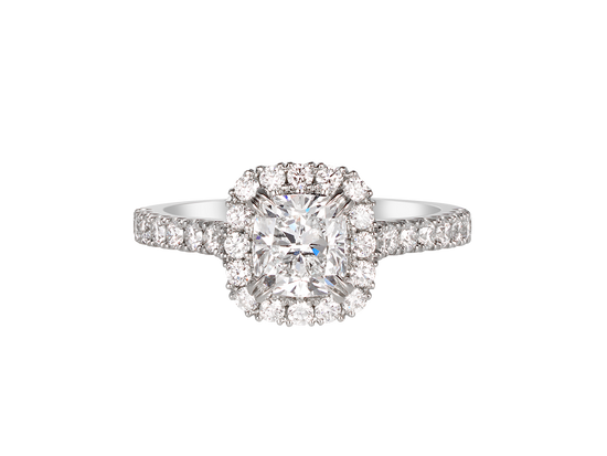 A.G cushion cu diamond halo setting with split bead half diamond band.