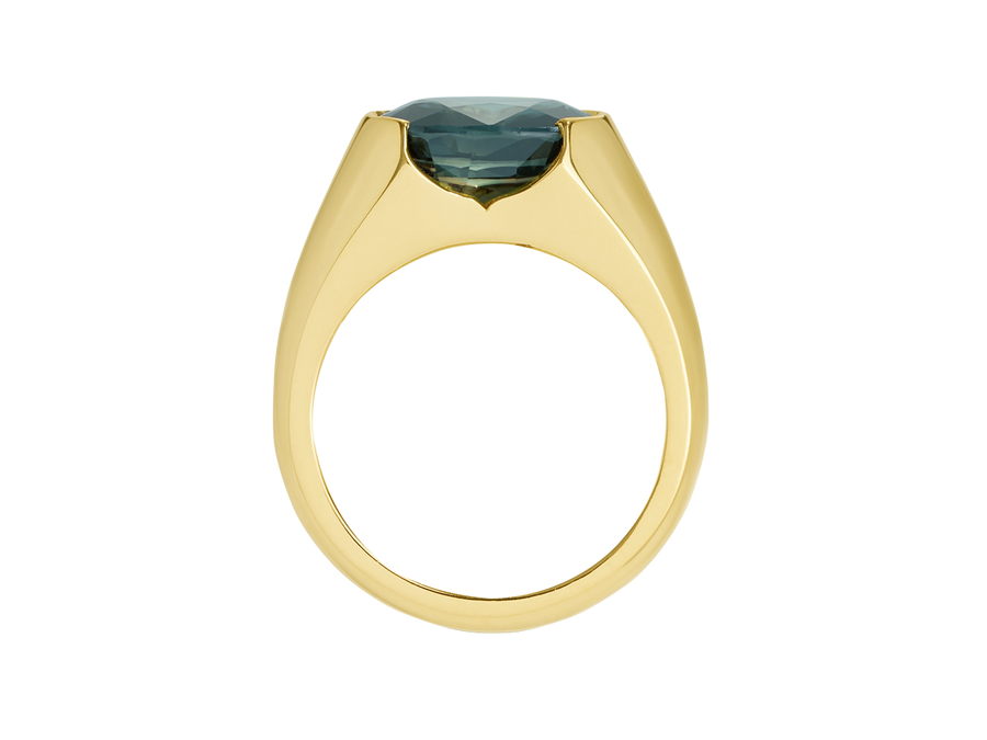 Side view of A.G custom signet ring with a Royal green sapphire.